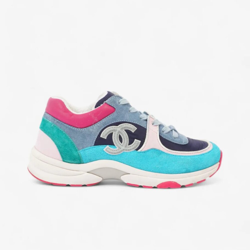 CHANEL CC Logo Sneakers Suede Calfskin Leather Navy/Turquoise